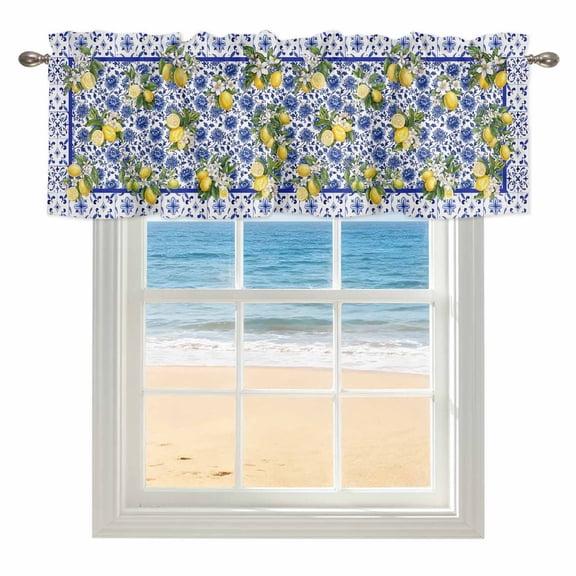 Summer Lemons Kitchen Valances for Windows 54x18 Inch Kitchen Curtains Valances Rod Pocket Watercolor Yellow Fruits Blue Flowers Bathroom Window Valances for Window Treatment Decor