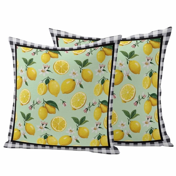 Summer Lemons Outdoor Pillow Covers Pack of 2 Farm Yellow Fruits Flowers Green Black Plaid Waterproof Throw Pillow Covers Decorative Cushion Cases for Patio Garden Tent Balcony Couch 20x20 inch
