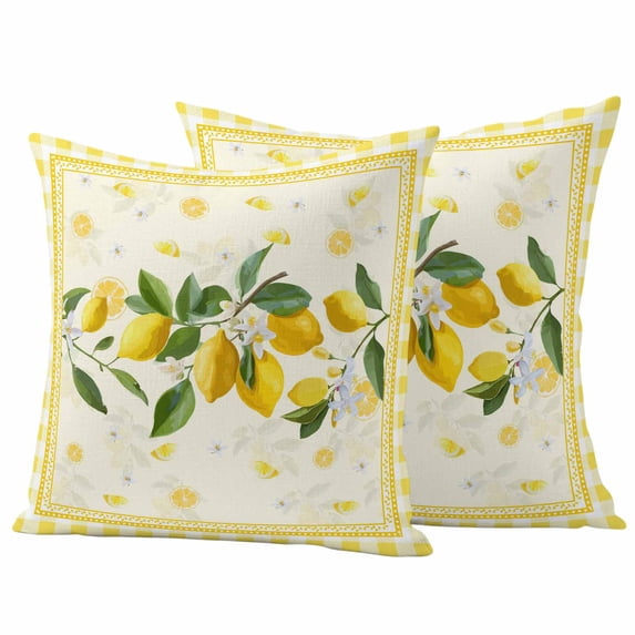 Summer Lemons Outdoor Pillow Covers Pack of 2 Pastoral Yellow Fruit Plant Leaves Floral Plaid Waterproof Throw Pillow Covers Decorative Cushion Cases for Patio Garden Tent Balcony Couch 18x18 inch