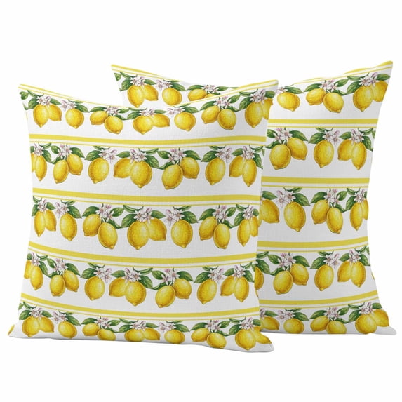Summer Lemons Outdoor Pillow Covers Pack of 2 Yellow Fruit Leaf Striped White Background Waterproof Throw Pillow Covers Decorative Cushion Cases for Patio Garden Tent Balcony Couch 24x24 inch