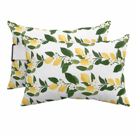 Summer Lemons Outdoor Pillows for Chaise Lounge Chair Beach Headrest Pillow Set of 2 Waterproof Lumbar Pillows with Insert&Adjustable Elastic Strap Botanical Floral Farmhouse Pool Pillow 12"x20"