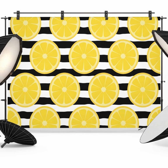 Summer Lemons Photography Backdrop 7x5FT, Cartoon Yellow Fruit Slices Black White Striped Photo Backdrops, Background for Photography Studio Photo Studio Background, Back Drop for Photoshoot