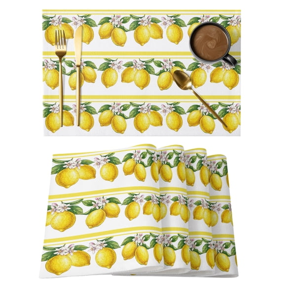 Summer Lemons Placemats Set of 1, Yellow Fruit Leaf Striped White Background Non-Slip Place Mats Washable Table Mats for Kitchen Dining Table Decorations Indoor/Outdoor