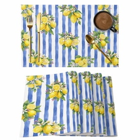 Summer Lemons Placemats Set of 6 Modern Watercolor Fruit Flowers Blue Striped Place Mats Indoor Wipeable Table Mats Washable Dining Table Placemats for Kitchen Holiday Party Home Decor 13x19 Inch