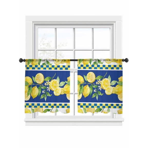 Summer Lemons Plaid Sheer Curtains 2 Panels Set Country Flower Leaf Blue Yellow Plaid Check Sheer Window Curtains Light Filtering Rod Pocket Voile Drapes for Bedroom Living Room 52"x54"