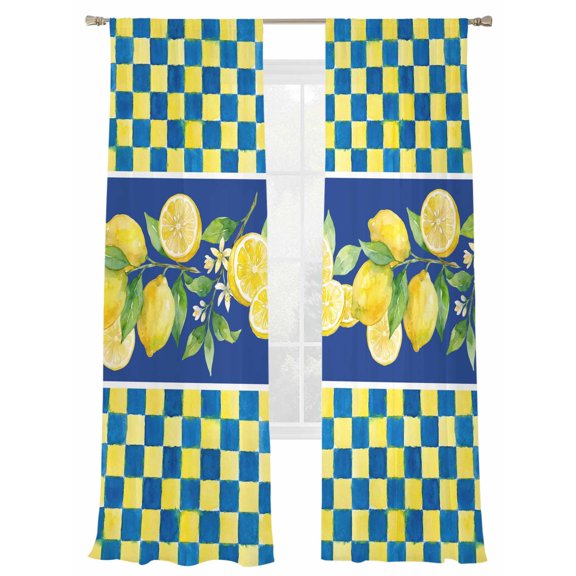 Summer Lemons Plaid Sheer Curtains 2 Panels Set Country Watercolor Flower Leaf Blue Yellow Plaid Check Sheer Window Curtains Light Filtering Rod Pocket Voile Drapes for Bedroom Living Room 52"X96"