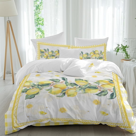 Summer Lemons Queen Size 4 piece Duvet Cover Set,3 Comfort Bedding Set, Include a Duvet Cover,a Bed Sheet, 2 Pillowcase with Zipper for All Season