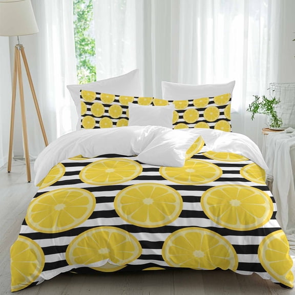Summer Lemons Queen Size Comforter Set, Cartoon Yellow Fruit Slices Black White Striped Bedding for All Seasons, 4 Pcs Bed Set, 1Quiltcover (90"x92") ,1Sheet(94"x116"), 2Pillowcases (30"x20")