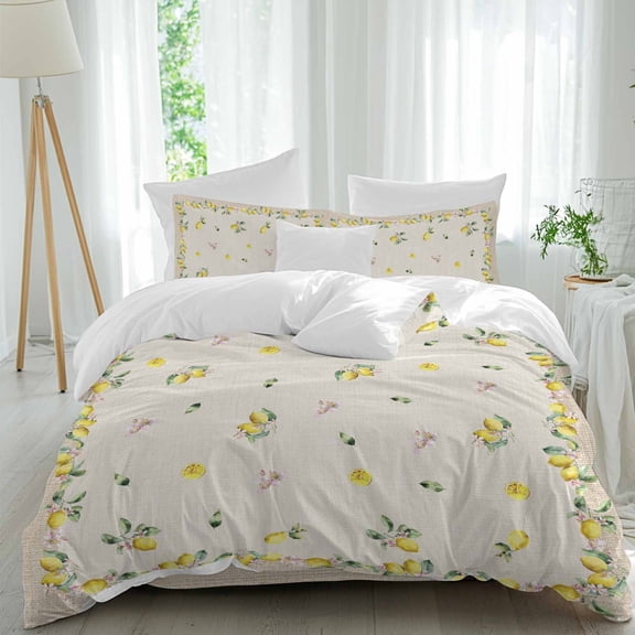 Summer Lemons Queen Size Comforter Set, Pastoral Yellow Fruit Leaves Floral Linen Texture Bedding for All Seasons, 4 Pcs Bed Set, 1Quiltcover (90"x92") ,1Sheet(94"x116"), 2Pillowcases (30"x20")