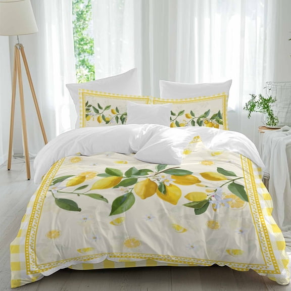 Summer Lemons Queen Size Comforter Set, Pastoral Yellow Fruit Plant Leaves Floral Plaid Bedding for All Seasons, 4 Pcs Bed Set, 1Quiltcover (90"x92") ,1Sheet(94"x116"), 2Pillowcases (30"x20")