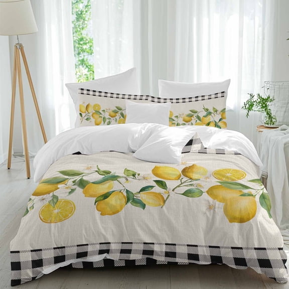 Summer Lemons Queen Size Comforter Set, Yellow Fruit Leaf Floral Retro Linen Black Plaid Bedding for All Seasons, 4 Pcs Bed Set, 1Quiltcover (90"x92") ,1Sheet(94"x116"), 2Pillowcases (30"x20")