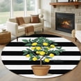 thumbnail image 1 of Summer Lemons Round Living Room Rugs 7 ft, Yellow Fruit Leaf Black White Striped Abstract Washable Area Rug with Non-Slip Sturdy Edge Binding Round Carpet for Kitchen Office Bedroom, 1 of 9