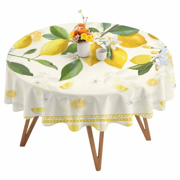 Summer Lemons Round Tablecloth 54 inches Pastoral Yellow Fruit Plant Leaves Floral Plaid Waterproof Oil-Proof Table Cloth Round Table Cover for Holiday Party Picnic Dinner Decor Indoor Outdoor Use