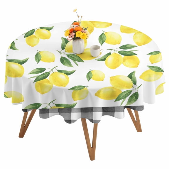 Summer Lemons Round Tablecloth 60 inches Black Plaid Green Leaf Country Fruit Waterproof Oil-Proof Table Cloth Round Table Cover for Holiday Party Picnic Dinner Decor Indoor and Outdoor Use