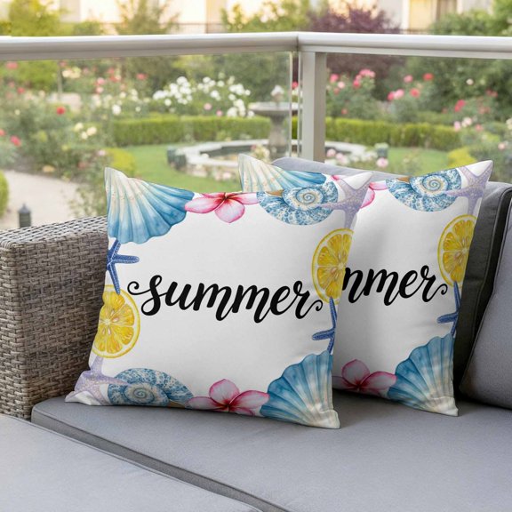 Summer Lemons Sea Stars Carnival Flowers Waterproof Throw Pillow Covers Set of 2 Oceans Shells Outdoor Cushion Cover Pillow Protector Decorative Pillowcases for Bed Sofa Couch