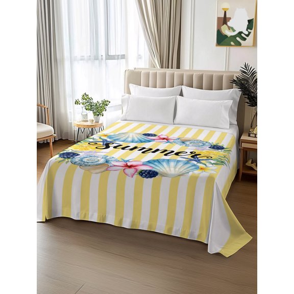 Summer Lemons Sea Stars Shells King Size Flat Sheet Only,Soft Top Bed Sheets Breathable Bedding Sheet Carnival Flowers Microfiber Hotel Flat Sheets