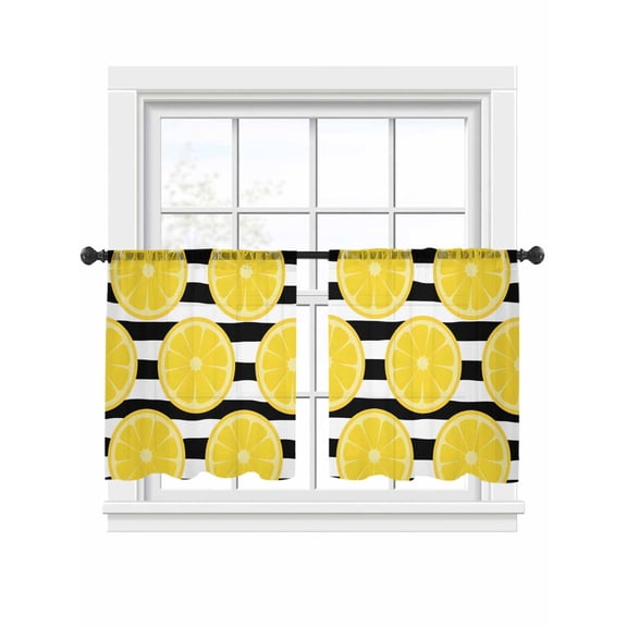 Summer Lemons Sheer Curtains 2 Panels Set Cartoon Yellow Fruit Slices Black White Striped Sheer Window Curtains Light Filtering Rod Pocket Voile Drapes for Bedroom Living Room 52"x54"