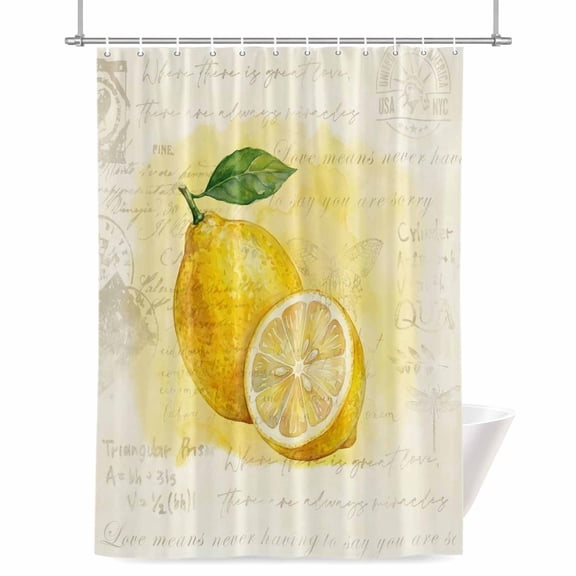 Summer Lemons Shower Curtain, 72" x 72", Watercolor Yellow Fruit Farmhouse Beige Letter Waterproof Bathroom Curtain Washable Shower Curtain Set with 12 Hooks