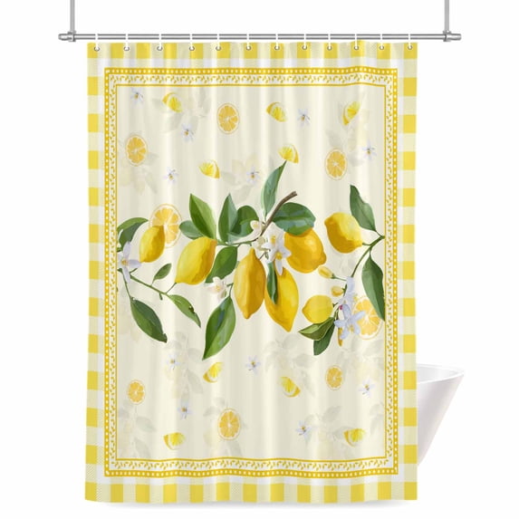 Summer Lemons Shower Curtain, Pastoral Yellow Fruit Plant Leaves Floral Plaid Waterproof Shower Curtain Set with 12 Hooks Lightweight Bath Curtains Fabric Bathroom Decor 72x78 Inches