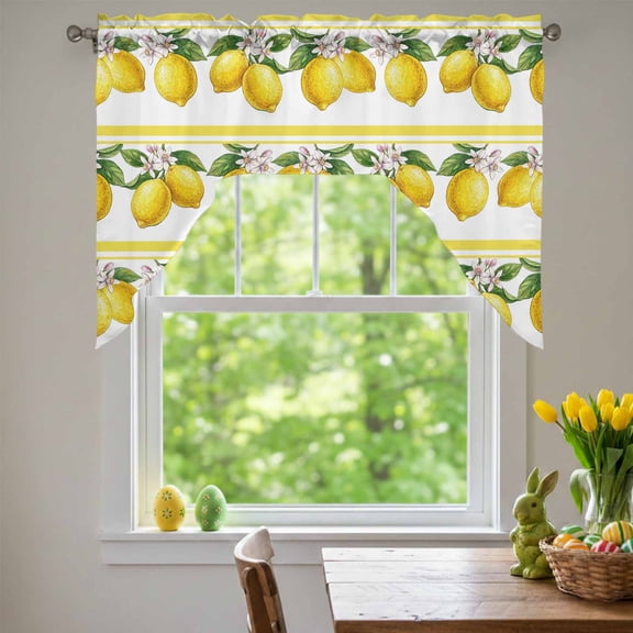 Summer Lemons Swag Valances for Kitchen Window, Yellow Fruit Leaf Striped White Background Small Swag Valances Rod Pocket Curtain Drapes Window Treatment for Bedroom Bathroom, 56x36 Inch