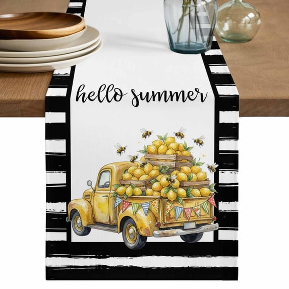 Summer Lemons Table Runner 70 Inches, Modern Country Truck Bees Black Striped Bed Runner Dresser Scarves Tabletop for Indoor Outdoor Parties/Ceremony/Banquet, 13" x 70"