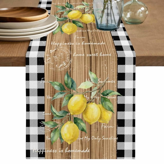 Summer Lemons Table Runner, Botanical Fruit Branch Check Wooden Grain Washable Cotton Linen Table Runners 72 Inches Long, Dresser Scarf Runner for Dining/Coffee/Kitchen/TV Stands/Cabinets 14''x72''