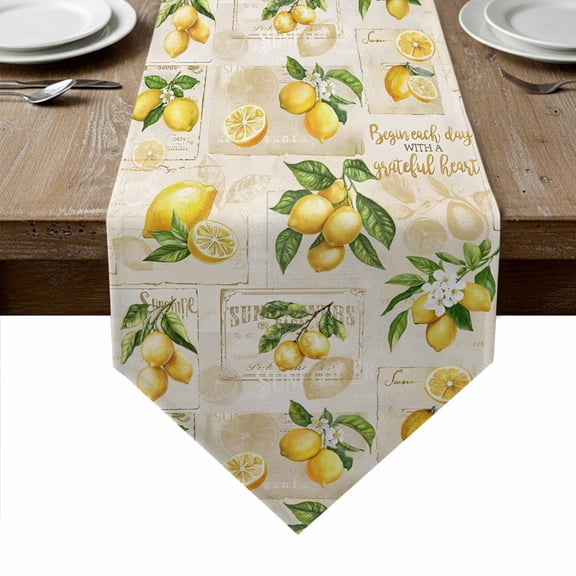 Summer Lemons Table Runner Linen Burlap Table Runner 36 Inches Small Retro Farmhouse Botanical Fruit Leaves Dresser Scarves for Kitchen Island Coffee Dining Room Party Holiday Decoration 13"x36"