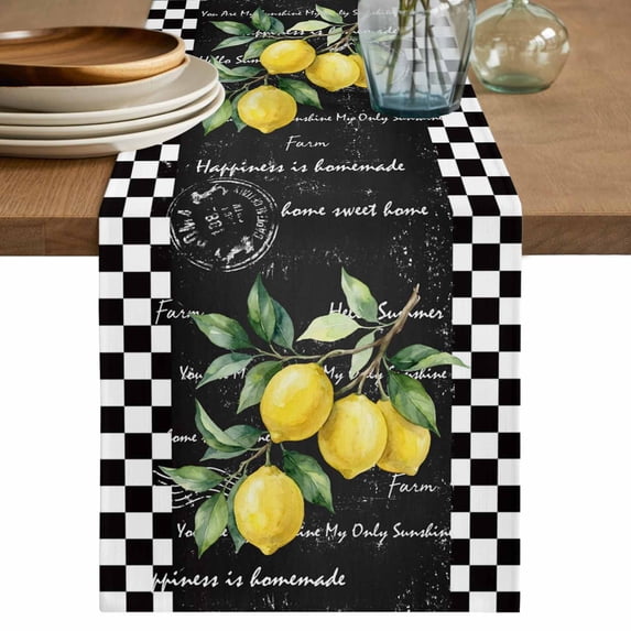 Summer Lemons Table Runner, Vintage Botanical Fruit Branch Black Plaid Washable Cotton Linen Table Runners 72 Inches Long, Dresser Scarf Runner for Dining/Coffee/Kitchen/TV Stands/Cabinets 14''x72''