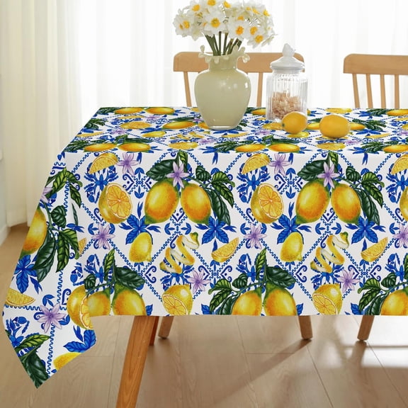 Summer Lemons Tablecloth Rectangle 60 x 84 Inch Mediterranean Tile Italian Spill Proof Washable Yellow Lemon Table Cloth, Rustic Country Table Cover for Dining, Party, Indoor, Outdoor, Blue