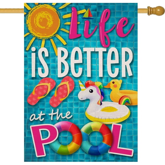 Summer Life is Better at the Pool Decorative House Flag, Sun Sunshine Swimming Ring Flip Flop Garden Yard Outside Decoration, Seasonal Outdoor Large Burlap Decor Double Sided 28 x 40
