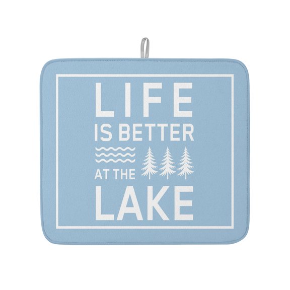 Summer Life Lake Quote Dish Drying Mats for Kitchen Counter,Absorbent Microfiber Dish Drainer Rack Mat White Stripe Blue Back Drying Pad for Sinks,Utensils,Countertops,16x18in