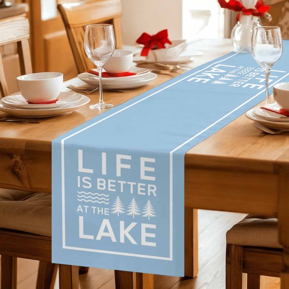 Summer Life Lake Quote Table Runner 36 Inches Long,Kitchen Dining Tablerunners White Stripe Blue Back Linen Table Runners Dresser Scarves for Home Dinner Wedding Holiday Party Decor