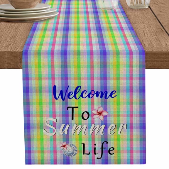 Summer Life Pink Flower Shell Table Runner-36 Inch Long Colorful Gradient Plaid Table Runners Linen Burlap Tablerunner for Kitchen Dining Room Holiday Party