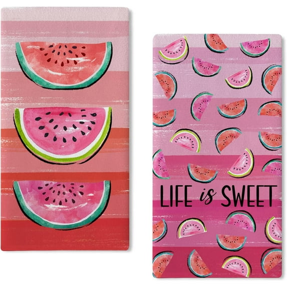 Summer Life is Sweet Watermelon Kitchen Dish Towel Set of 2, Red Pink Stripes Hand Towel Drying Baking Cooking Cloth, Spring Seasonal Farmhouse Home Kitchen Decor 18x26 Inch