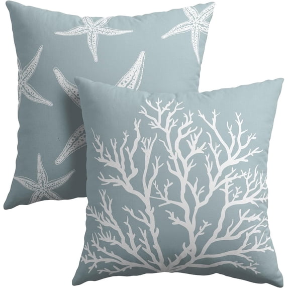 Summer Light Blue Starfish Pillow Covers 16x16 Inch Set of 2 Blue Beach Sea Coral Throw Pillowcase Cotton Linen Square Decorative Nautical Coastal Cushion Cover for Sofa Bedroom Indoor Outdoor Party