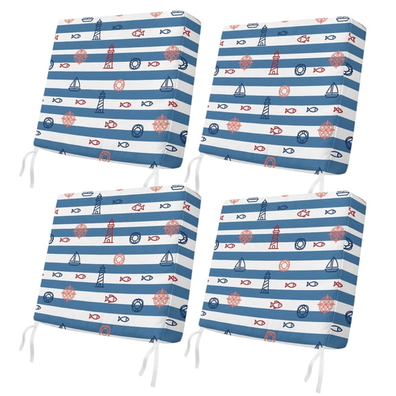 Summer Lighthouse 4 Pcs Patio Cushion Covers, Nautical Sailboat Compass Fish Blue White Striped Waterproof Outdoor Cushion Cover, Replacement Washable Sofa Chair Seat Cover with Zipper 22"x22"x4"