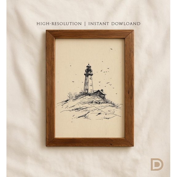 Summer Lighthouse Line Drawing Print, Unframed Paper Poster 16x20in