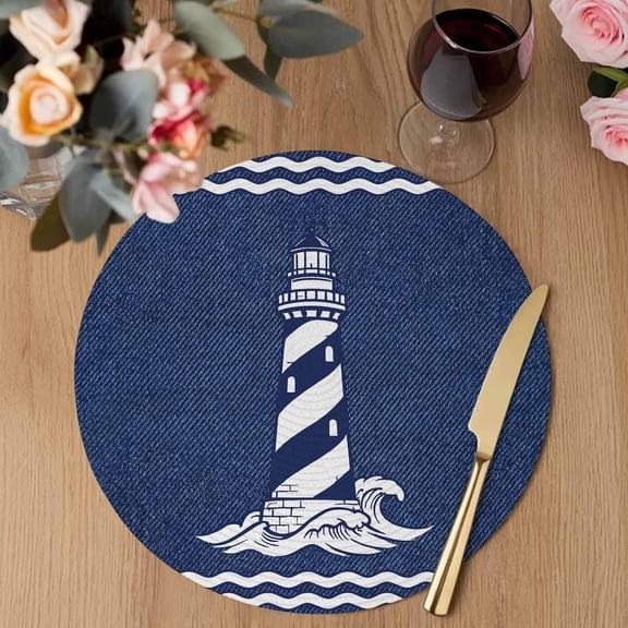 Summer Lighthouse Round Braided Placemats Set of 2, Vintage Coastal Nautical Navy Blue Denim Texture Heat Insulation Place Mats Washable Non-Slip Table Mats for Kitchen Dining Party, 13 Inches