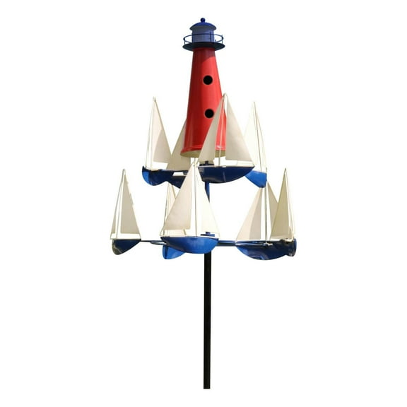 Summer Lighthouse Sailboat Wind Spinner-Nautical Kinetic Art Wind Sculpture for Yard,Garden,or Patio-Large Metal Windmill Decor with Stable Stake (2025 New Design)