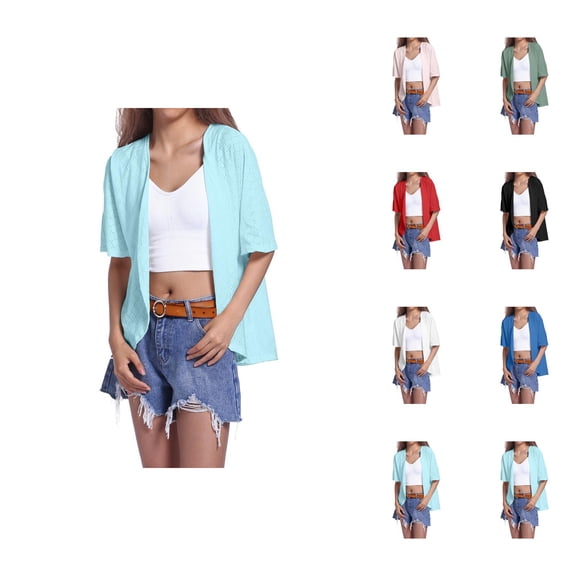 Summer Lightweight Cardigans for Women 2025 Short Sleeve Eyelet Jacquard Open Front Kimono Cardigan Shawl Cover Up