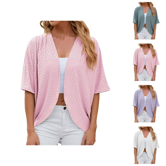 Summer Lightweight Cardigans for Women 2025 Short Sleeve Open Front Eyelet Cardigan Loose Cardigan Cover Up