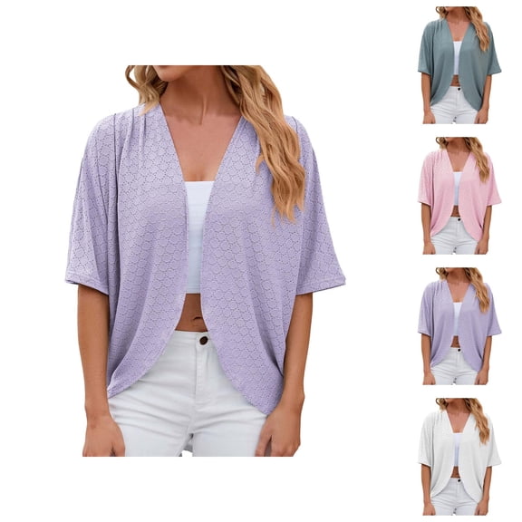 Summer Lightweight Cardigans for Women 2025 Short Sleeve Open Front Eyelet Cardigan Loose Cardigan Cover Up