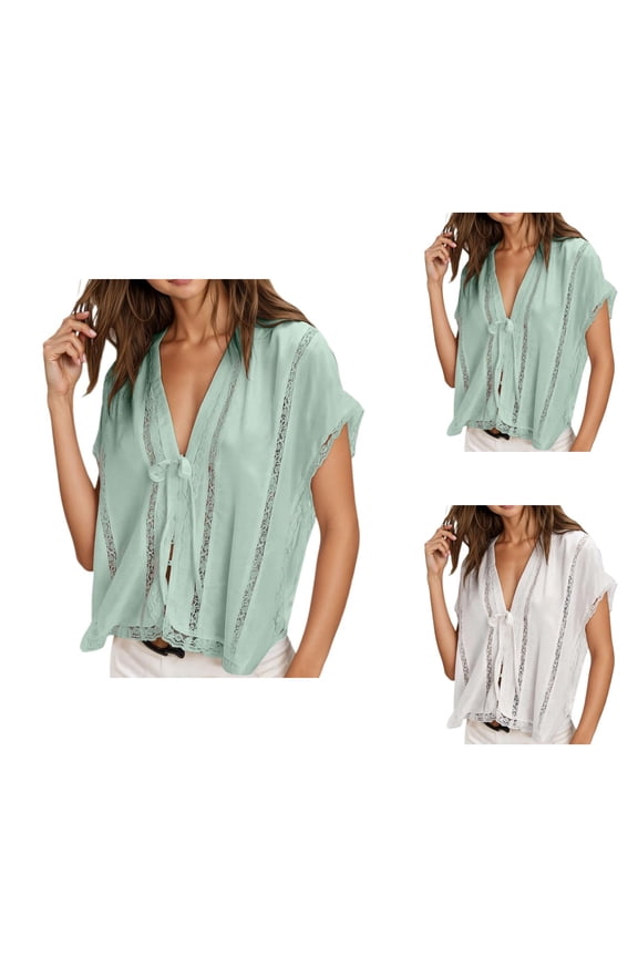 Summer Lightweight Cardigans for Women 2025 Short Sleeve V Neck Y2k Sheer Lace Trim Front Tie Blouse Shirts Vest