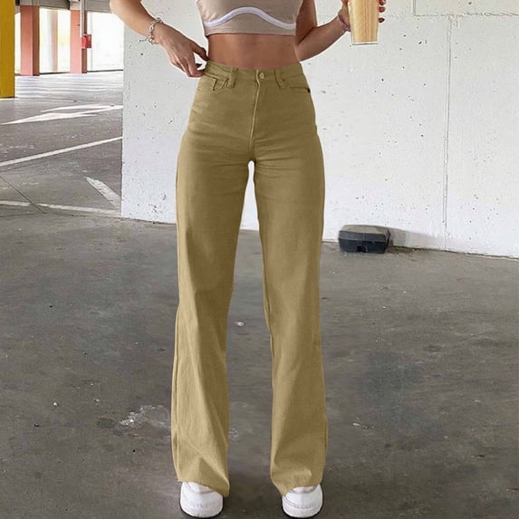 Summer Lightweight Casual Daily Jeans for Women Fashion Women Button Casual Loose Solid Trousers Pockets Zipper Long Pants Flared Jeans With Inspired Women's Chic Loose Fit Wide Leg Jeans