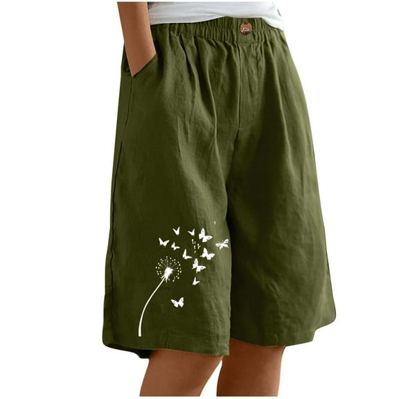 Summer Lightweight Cotton Linen Shorts For Women Loose Straight Leg Short Pant Dandelion Graphic Bottoms Mid Waist Elastic Shorts Breathable Lounge Pants