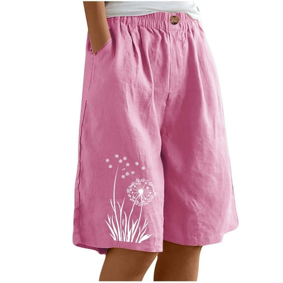 Summer Lightweight Cotton Linen Shorts For Women Loose Straight Leg Short Pant Dandelion Graphic Bottoms Mid Waist Elastic Shorts Breathable Lounge Pants