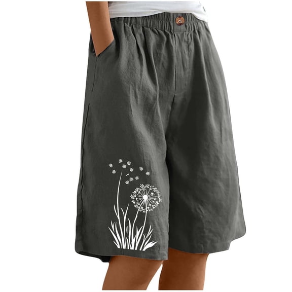 Summer Lightweight Cotton Linen Shorts For Women Loose Straight Leg Short Pant Dandelion Graphic Bottoms Mid Waist Elastic Shorts Breathable Lounge Pants
