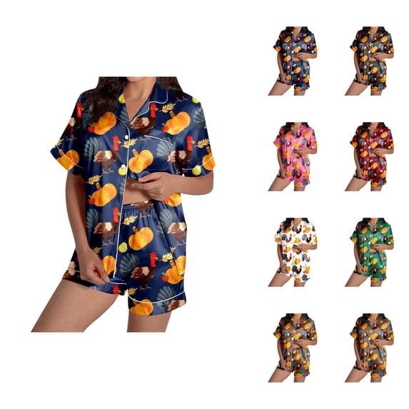 Summer Lightweight Pajamas – Silk Pajamas for Women Set & Lounge Sets Ladies' Thanksgiving Turkey Print Pajama Shorts Set 2024