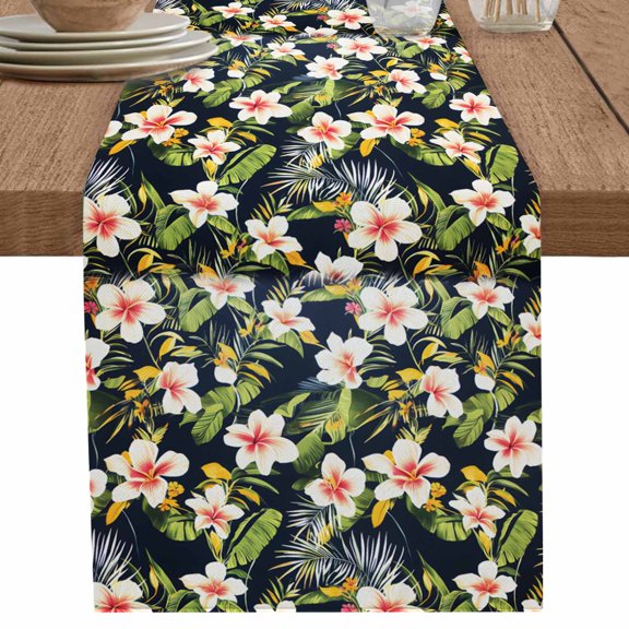 Summer Lily Flower Leaves on Black Table Runner-36 Inch Long Tropical Floral Table Runners Linen Burlap Tablerunner for Kitchen Dining Room Holiday Party