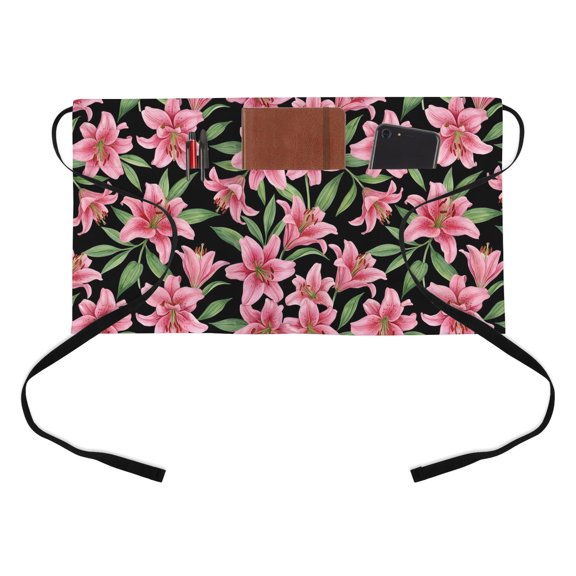 Summer Lily Half Waist Apron Watercolor Pink Flower Black Background Short Waiter Aprons with 3 Pockets for Women Men Kitchen Restaurant Cooking